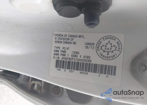 2013 Honda Civic Lx from USA, damaged, VIN 2HGFB2F51DH034289